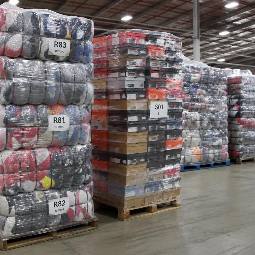 Pallets of clothing bales and shoe boxes